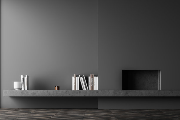 灰色放松的室内壁炉和艺术装饰，模型图片下载