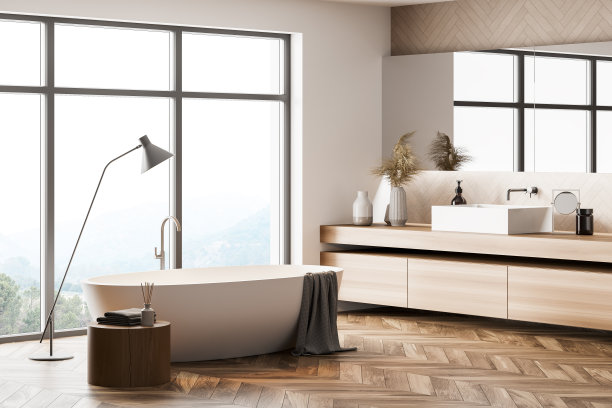 浴室内部有浴缸，水槽和窗户与乡村图片下载