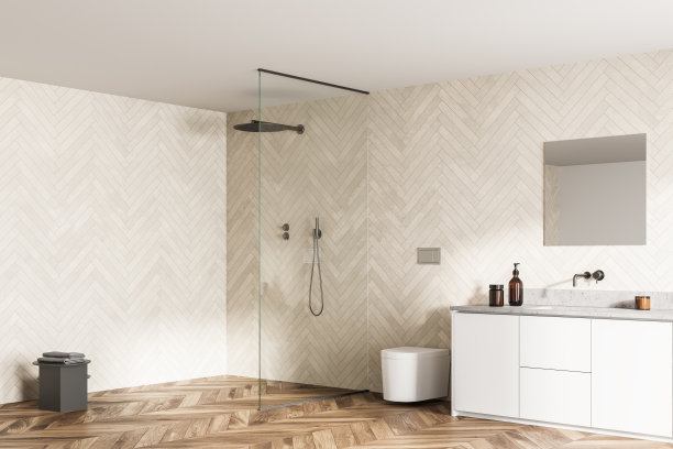 宽敞的现代浴室设计室内木地板，步入式淋浴，水槽梳妆台。光的窗口。图片下载