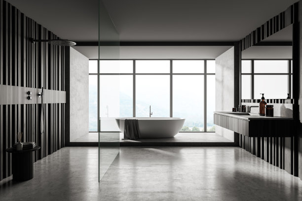 浴室内部设有浴缸和淋浴，水槽与乡村景观图片下载