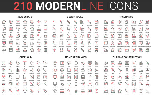 210现代红黑细线图标集图片下载