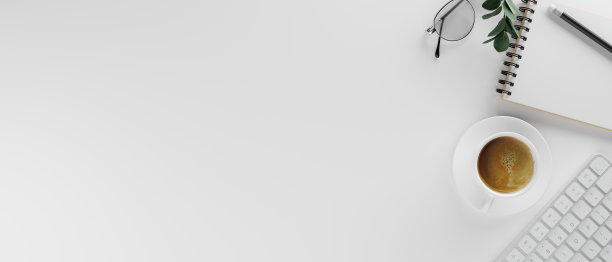 白色办公桌与复印速度，咖啡杯，文具和用品，3D渲染图片下载