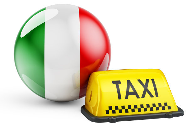 出租车服务在意大利的概念。黄色出租车招牌与意大利国旗，3D渲染孤立的白色背景图片下载