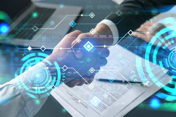 二次曝光两个商人握手和二进制技术全息图绘制背景。合作和协议的概念。正式的服装。图片下载