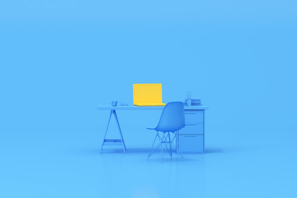 三维效果图的工作空间桌子与笔记本电脑和办公配件。图片下载