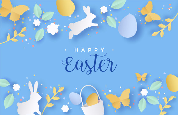 复活节快乐彩色剪纸兔子蛋卡图片下载