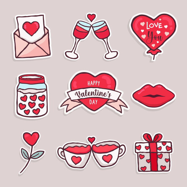 情人节可爱的爱红色卡通图标集图片下载