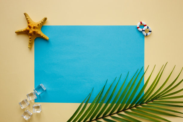 彩色背景上的热带棕榈叶，空白的蓝色文字卡，冰块，海星，工作中最小的动机概念，团队建设旅行，逃离办公室图片下载