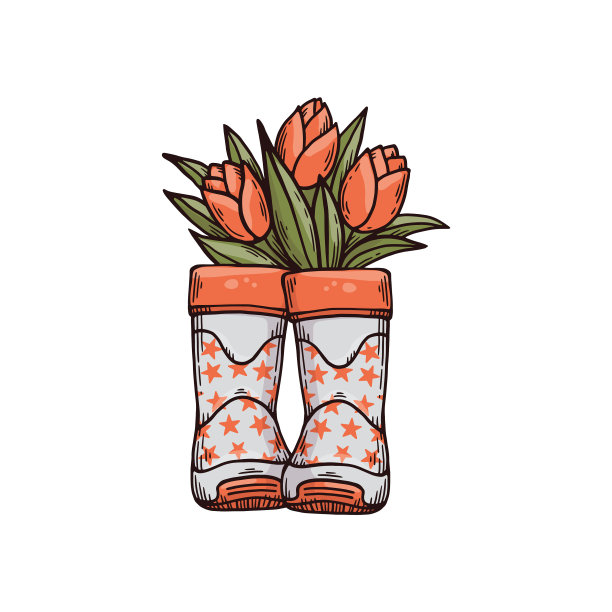 粉红色的橡胶靴子与郁金香手绘卡通图片下载