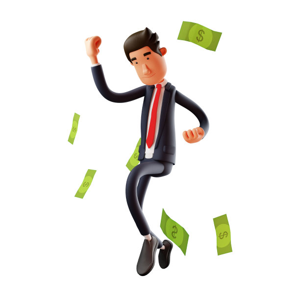 成功的男性卡通人物与金钱下雨图片下载