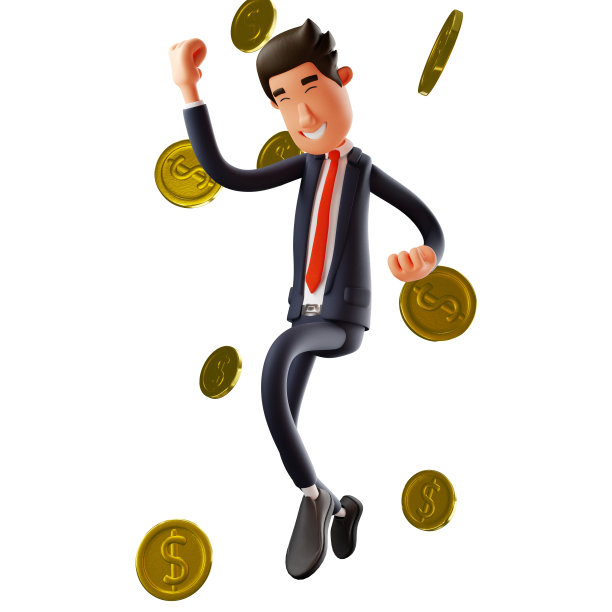 一个开朗的脸3D男性卡通人物与金币图片下载