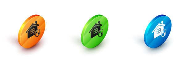 等距房屋与盾牌图标隔离在白色图片下载