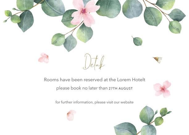 水彩矢量手绘婚礼请柬模板。设计用桉树枝和粉红色的花。明信片插图，日期保存，贺卡设计，花卉邀请。图片下载