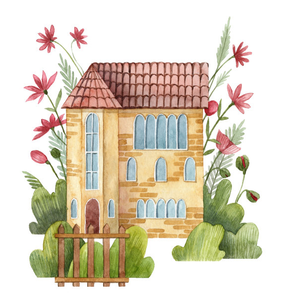 有花园的乡村座位。水彩手绘房子图片下载
