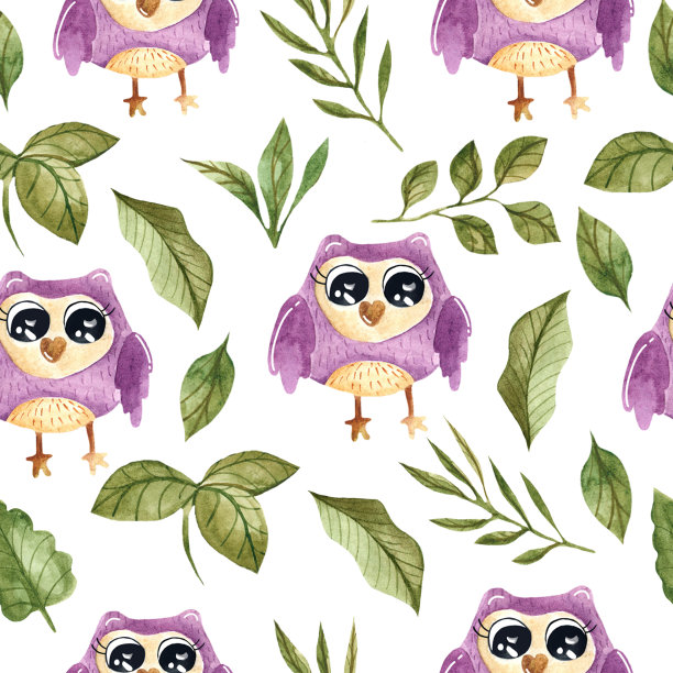 水彩无缝图案有枝、紫猫头鹰、叶。可爱的精灵鸟，用于装饰儿童的衣服，织物，房间在白色的背景。可爱的卡通猫头鹰儿童插图图片下载