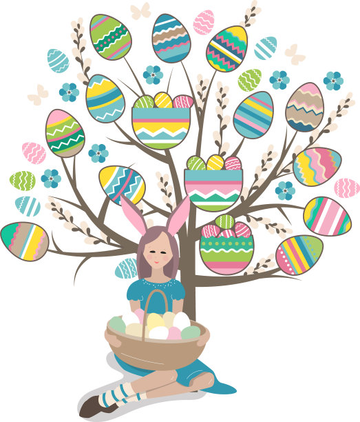 年轻女孩坐在一棵风格化的花式树旁图片下载