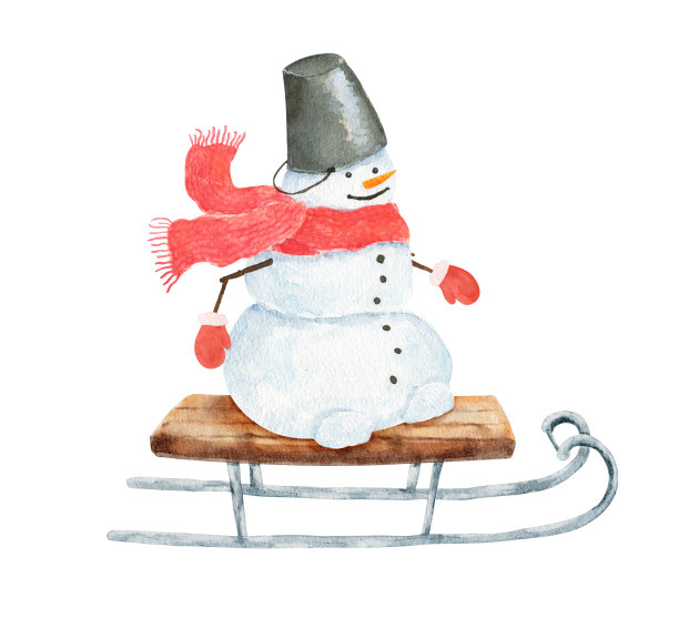 水彩雪人在老旧的雪橇上孤立的白色背景。图片下载