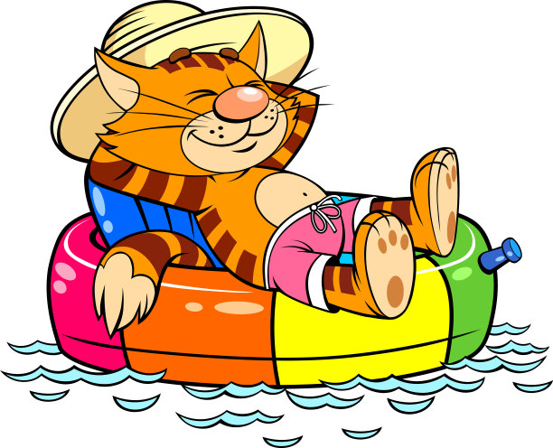 一只红猫漂浮在一个充气圆上。图片下载