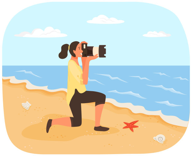 带着相机的女孩透过镜头看着海岸线。摄影师进行的照片会议的海洋图片下载