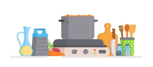 在锯末上煮汤的矢量图。厨房台面配备电器及厨具。图片下载
