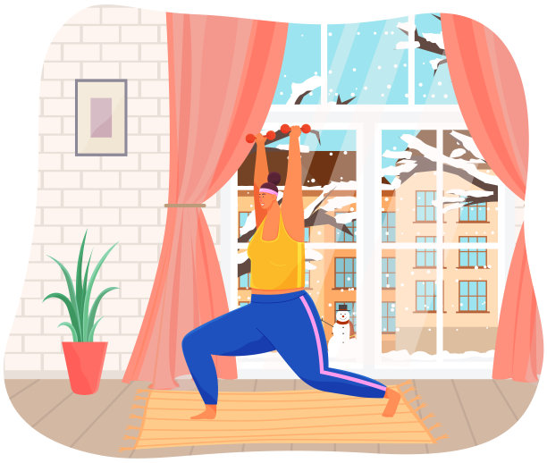 女孩做运动的窗户背景与雪树在冬天。女士用哑铃蹲下图片下载