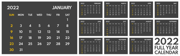 2022年全年办公室日历模板，周日开始一周，深色背景图片下载