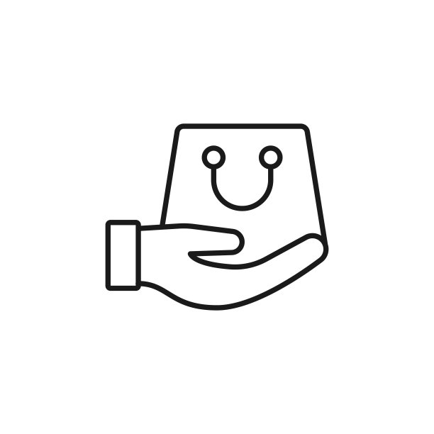 购物袋与手图标矢量设计。购物袋图标与手势设计概念的电子商务，网上商店和市场网站，手机，标志，符号，按钮，标志，应用程序图片下载