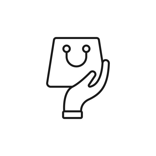 购物袋与手图标矢量设计。购物袋图标与手势设计概念的电子商务，网上商店和市场网站，手机，标志，符号，按钮，标志，应用程序图片下载