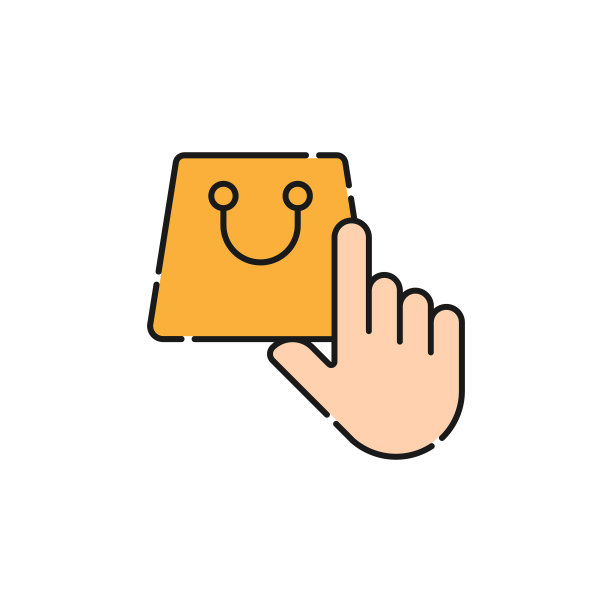 购物袋与手图标矢量设计。购物袋图标与手势设计概念的电子商务，网上商店和市场网站，手机，标志，符号，按钮，标志，应用程序图片下载