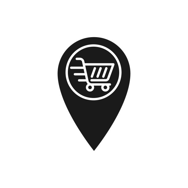 购物车与位置图标矢量设计。购物车图标与定位Pin设计概念的电子商务，在线商店和市场网站，手机，标志，符号，按钮，标志，应用程序UI图片下载