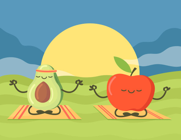 可爱的卡通鳄梨和苹果人物在日落沉思图片下载
