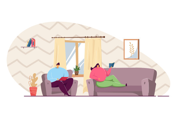 情侣在客厅沙发上休息扁平矢量图图片下载