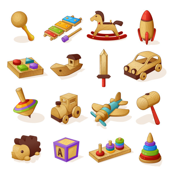 收集儿童木制玩具矢量平面插图玩具儿童娱乐和教育图片下载