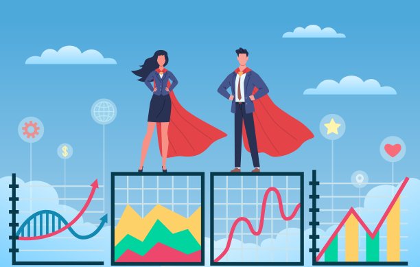 业务的超级英雄。男人和女人穿着飘逸的斗篷和套装站在生长图上，专业人士聚集在一起，人们合作。成功与进步的理念。矢量图图片下载