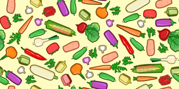 花园的蔬菜。卡通平的风格。无缝的。西葫芦，黄瓜，胡萝卜，辣椒，土豆，洋葱，大蒜，香草，甜菜，茄子。背景图片。向量图片下载