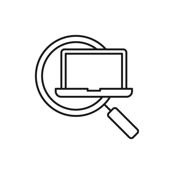 笔记本电脑搜索图标矢量设计。笔记本电脑图标与搜索设计概念智能手机，电子商务，在线商店和市场网站，手机，标志，符号，按钮，标志，应用程序UI图片下载