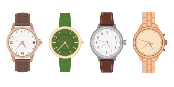 手表的手腕。男女机械表有不同的手镯和表带。现代和复古的金银饰品，时尚收藏。向量孤立现实集图片下载