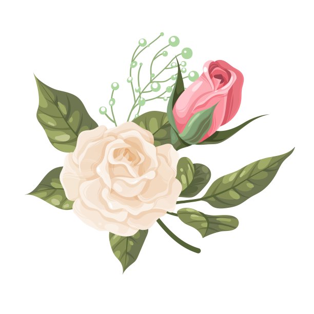 古董花花束。园林白、红玫瑰配绿叶，花卉装饰构成，典雅的装饰元素，复古风格的牡丹婚礼装饰。向量孤立的插图图片下载