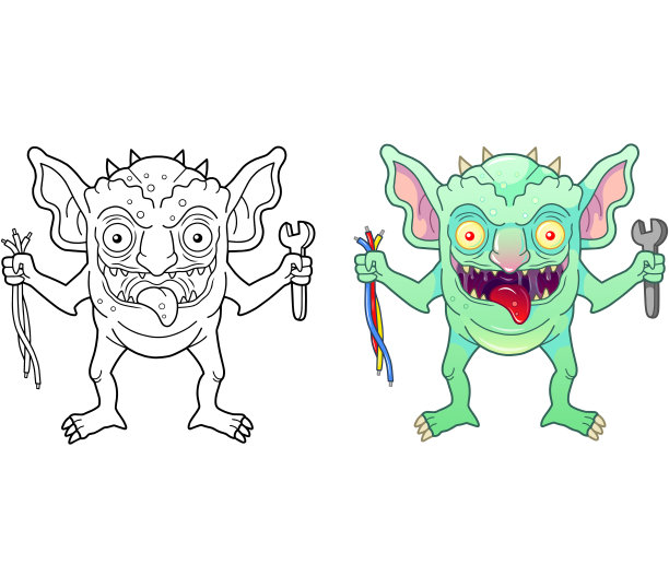 有趣的怪物格莱姆林，着色页，大纲插图图片下载
