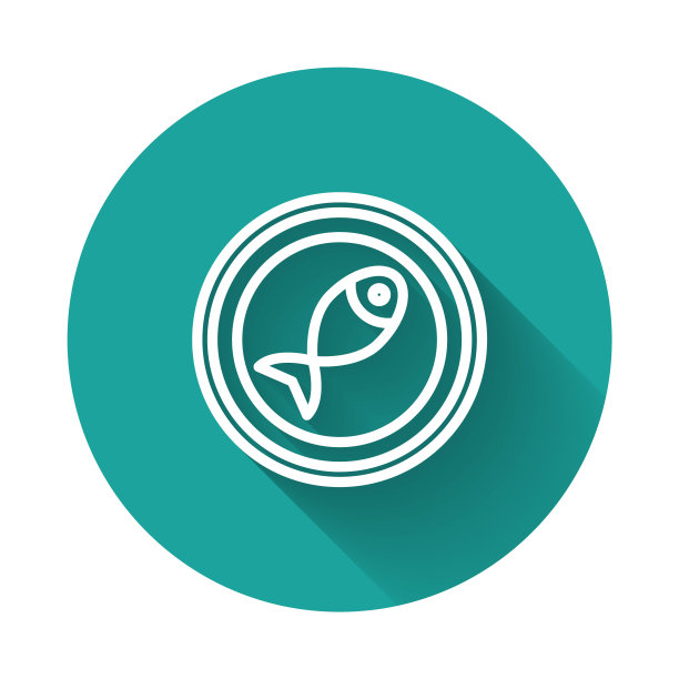 盘子上的鱼图标与长长的阴影背景隔离。绿色圆圈按钮。向量图片下载