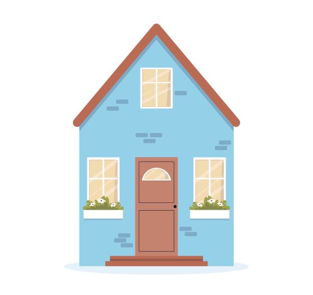 房子外观。房地产的概念。可爱的平房蓝房子。小国家的房子。矢量插图。白色的孤立的背景。图片下载