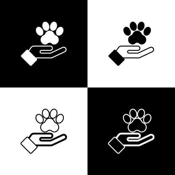 Set Hands with animals footprint icon孤立在黑白背景上。宠物爪子在心里。爱护动物。向量图片下载