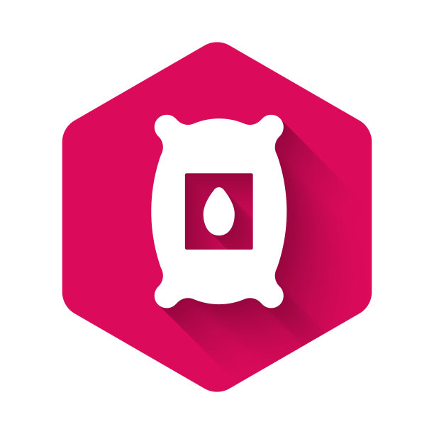 白色包中装满了特殊植物的种子，带有长长的阴影背景。粉红色的六角按钮。向量图片下载