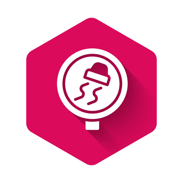 白色滑道路交通警告图标孤立与长阴影背景。17、交通规则，安全驾驶。粉红色的六角按钮。向量图片下载