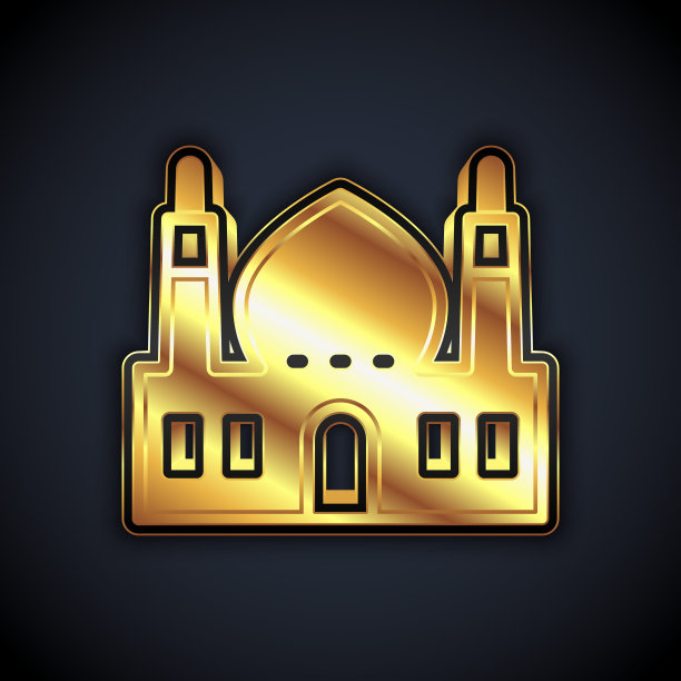 金色穆斯林清真寺图标孤立在黑色背景。向量图片下载