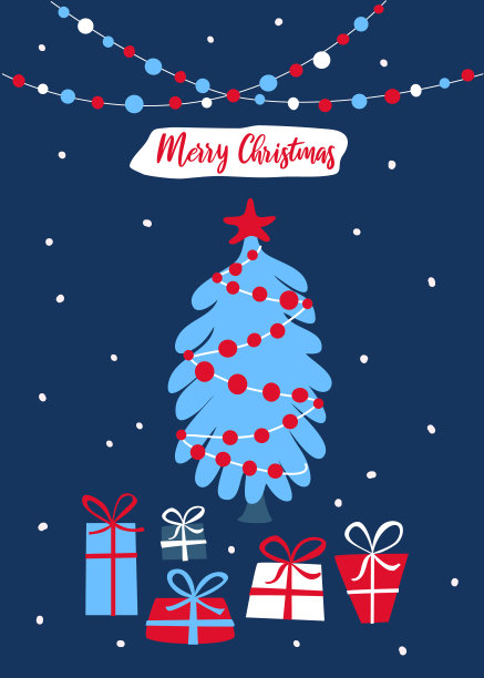 圣诞快乐圣诞快乐新年贺卡模板背景蓝红白调色板，矢量插图图形图片下载
