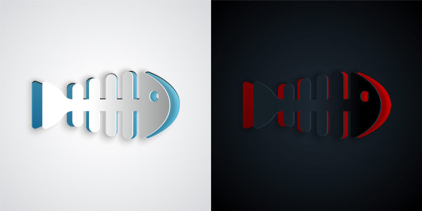 剪纸鱼骨架图标孤立在灰色和黑色的背景。鱼骨头的迹象。纸艺术风格。向量图片下载