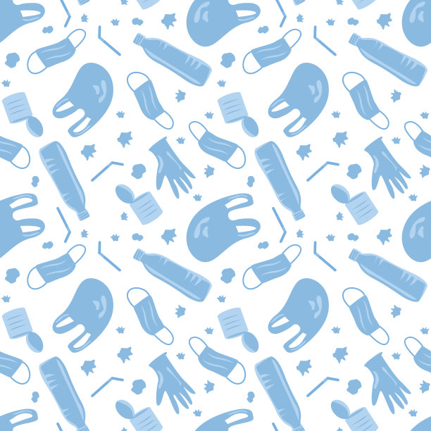 载体冠状病毒废物无缝模式。白色背景上的塑料污染。海洋垃圾、乳胶手套、口罩的环境问题或生态问题。图片下载