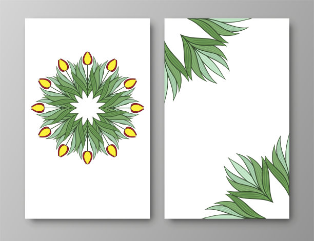 一套海报，背景是郁金香花和树叶。春天花朵的装饰和纹理。花环，带有文本位置的框架。可爱的自然主题的邀请和卡片。向量图片下载