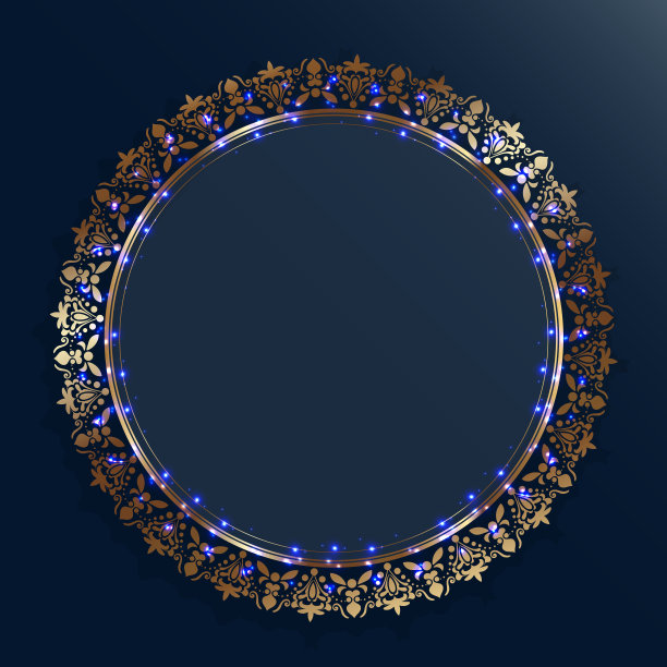 深蓝色背景上的金色边框。在金饰物上圈一个圈。发光的火花和点。放置你的文字或照片。图片下载